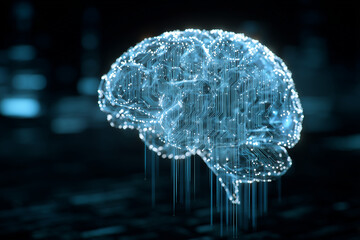 A conceptual image of artificial intelligence, a glowing brain made of circuits, futuristic data streams, cyber blue tones