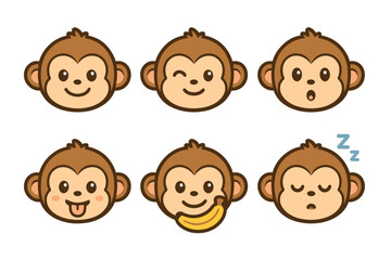 Vector Illustration of Cute Monkey Faces with Expressions
