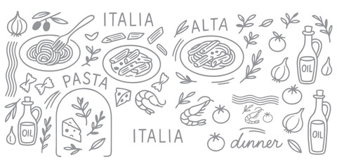 Whimsical Italian food pasta line art sketch set. Coastal mediterranean dinner table party summer hand drawn elements. Wedding coquette vector illustration