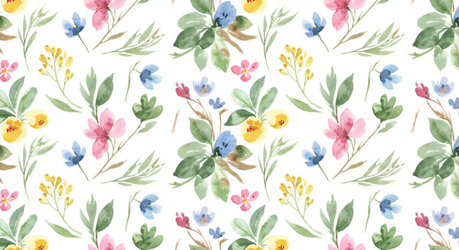 Fototapeta Watercolor floral pattern with delicate flowers and foliage for spring themes