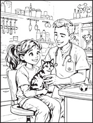Animal-themed coloring page for kids and adults: Animal at the vet clinic: Vet checking a cat