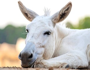 Close-up of a white donkey resting