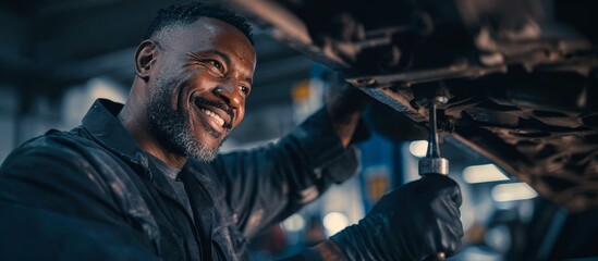 Auto mechanic Latina immigrant works on a car's undercarriage, using a wrench and wearing gloves. He smiles while focused on the task in a auto shop. Emigration to another country. Copy space