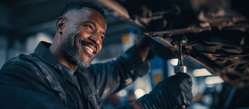Auto mechanic Latina immigrant works on a car's undercarriage, using a wrench and wearing gloves. He smiles while focused on the task in a auto shop. Emigration to another country. Copy space