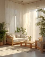 Cozy minimalist living room with neutral tones, wooden furniture, potted plants, sunlight through sheer curtains
