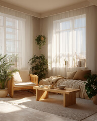Cozy minimalist living room with neutral tones, wooden furniture, potted plants, sunlight through sheer curtains