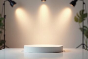 Brightly Lit Product Display Podium with Studio Lighting and Plant Accents