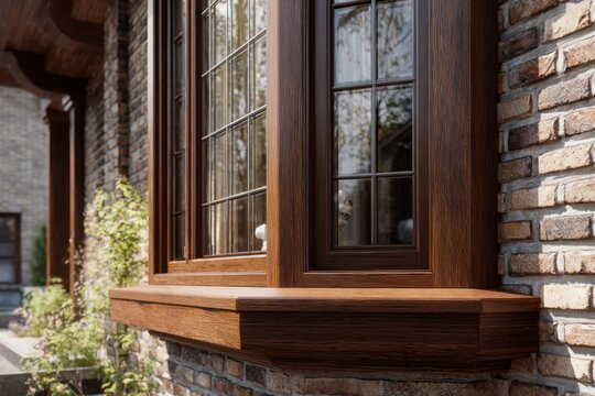 Brown wooden trim on a bay window with small panes of glass. Wood frame around the windowsill. Red bricks outside the house walls, an exterior view of the home. Eco-friendly solid oak window frames