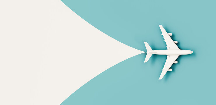 Commercial airplane on blue background and white copy space. Travel concept design. 3D Rendering, 3D Illustration	