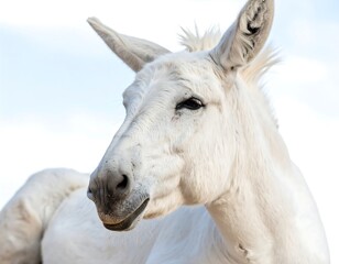 Close-up of a white donkey's head and neck