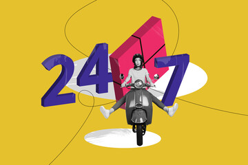 Pop zine full art photo collage of shocked girl ride retro motorbike fast delivery service box parcel shipment 24 7 timetable
