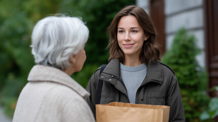 Obraz premium Compassionate Care: Social Worker Assists Elderly Woman with Groceries