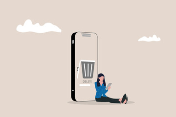 Business woman cleaning mobile phone from trash files. woman removing folder with document, mail, spam to waste bin, cleansing cache