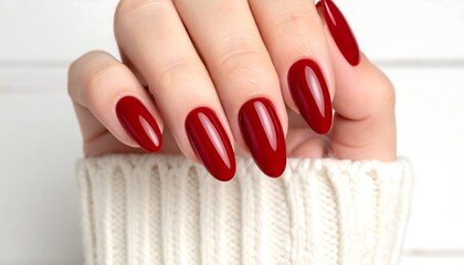 Close-up of manicured hand with red nails