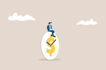 Businessman sitting on clock. concept of time management foresight in managing project deadline opportunity timer countdown progress