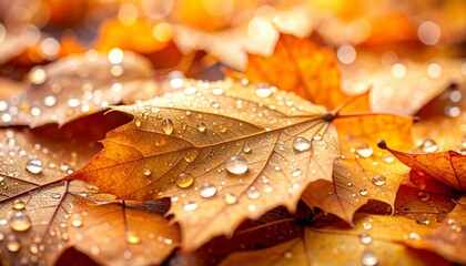 雨に濡れてしっとりとした紅葉のクローズアップ