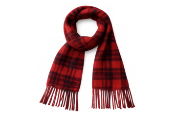 Red checkered wool scarf with tasseled edges, lying flat against transparent surface, highlighting winter accessory design details