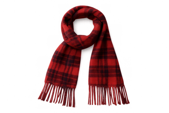 Red checkered wool scarf with tasseled edges, lying flat against transparent surface, highlighting winter accessory design details