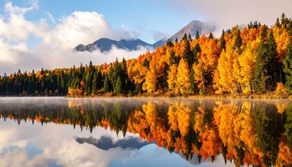 Fototapeta premium 穏やかな湖の水面に映り込む、色鮮やかな秋の木々