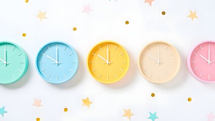 Pastel clocks on white background with stars and confetti time management concept