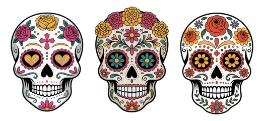 Set of colorful traditional sugar skulls with floral and geometric decorations, isolated on transparent background. Perfect for Día de los Muertos or festive design themes