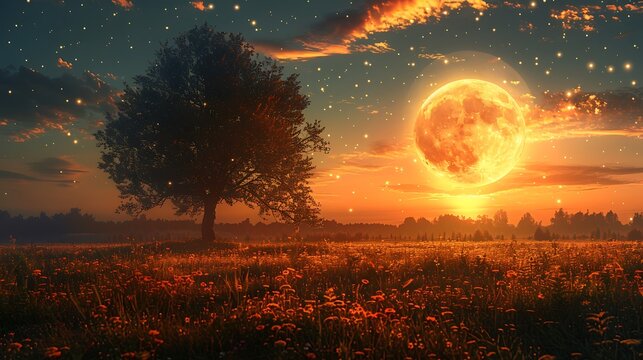 Enchanted night meadow with illuminated full moon and sparkling fireflies in fantasy sunset scene high resolution image