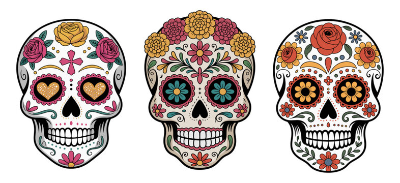 Set of colorful traditional sugar skulls with floral and geometric decorations, isolated on transparent background. Perfect for Día de los Muertos or festive design themes