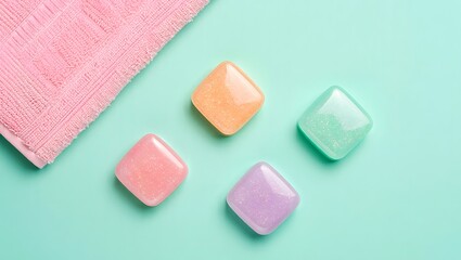 Pastel soap bars and pink towel on turquoise background for spa and beauty products