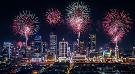 Spectacular fireworks display illuminating a vibrant cityscape at night creating a festive