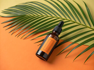 Amber glass dropper bottle with orange label and palm leaf on a colorful background