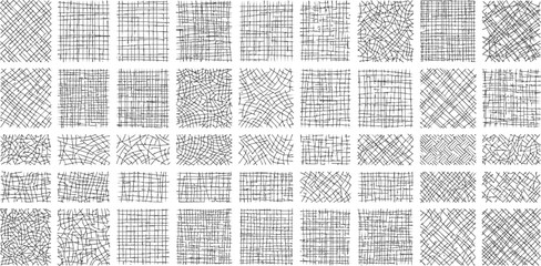 Line patterns set, decorative hatching backgrounds, drawn straight and curved lines, grid texture