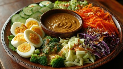 Colorful Vegetable Salad with Peanut Sauce and Hard Boiled Eggs on a Brown Plate