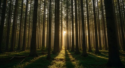 Sunlight Illuminates a Dense Forest of Tall Trees Creating a Serene Atmosphere