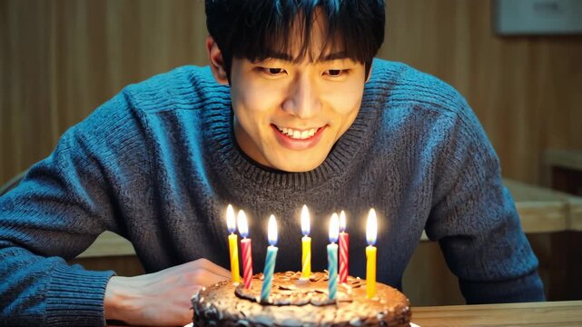 AI Generative Young man blowing out candles on cake, happy birthday celebration
