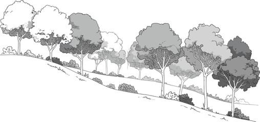 Peaceful countryside landscape with rolling hills, row of trees, grassy slopes, nature scenery, outdoor environment, calm rural view.