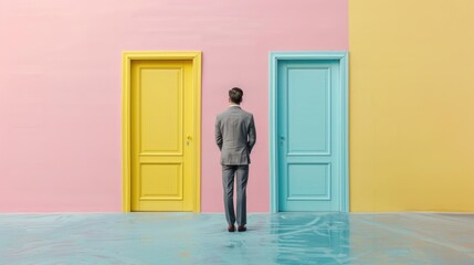 Abstract background, Businessman standing in front of door, A businessman standing in front of doors thinking which one to choose.
