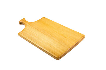 a wooden cutting board with a handle on a white surface