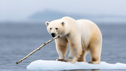 Arctic bear's magnificent presence on edge of an iceberg in Antarctica represents harsh environment, its majestic nature, and its ability to thrive and dominate in this challenging world