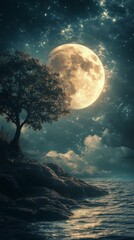 Naklejka premium Shining Moon Over Water with Rocky Shore and Tree at Night