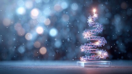 A glowing DNA helix shaped like a Christmas tree stands in a lab dish, adorned with molecular ornaments. Cool-toned snowflakes and lights fill the background. Modern, scientific holiday scene.
