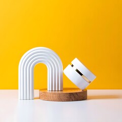 Product photography of white cream jar on wooden pedestal with yellow background studio shot