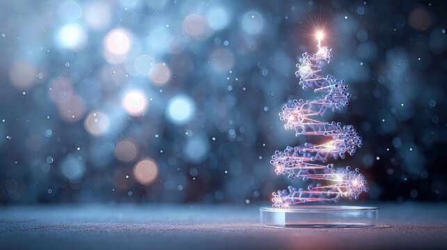 A glowing DNA helix shaped like a Christmas tree stands in a lab dish, adorned with molecular ornaments. Cool-toned snowflakes and lights fill the background. Modern, scientific holiday scene.

 - Powered by Adobe