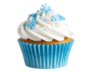  Snowy Cupcake with White Frosting, Blue Sprinkles, and Icy Sugar Flakes, Winter Wonderland Look, Isolated PNG