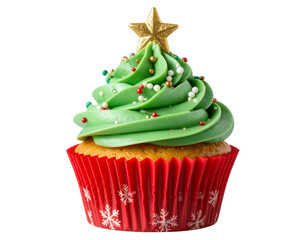 Christmas Tree Cupcake with Green Swirl Frosting and Star Topper, Red Wrapper, Isolated PNG