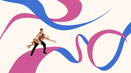 Colorful composition of ice dancers in emotional pose on abstract pink and blue curves. Concept of...