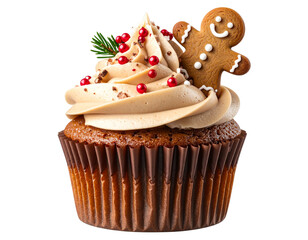 Gingerbread-Themed Christmas Cupcake with Brown Frosting and Cookie Topper, Cozy Holiday Style, PNG