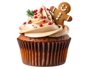 Gingerbread-Themed Christmas Cupcake with Brown Frosting and Cookie Topper, Cozy Holiday Style, PNG