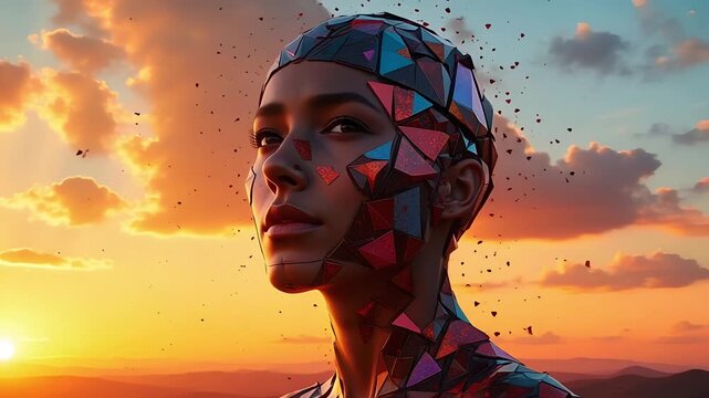 Abstract mosaic woman art sunset background digital illustration ai generated artwork design. Polygonal digital human at sunset. Futuristic geometric AI head vision. Fragmented abstract human figure - Powered by Adobe