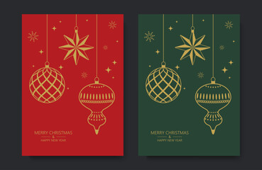 Merry Christmas and Happy New Year! Golden Christmas tree balls, cards, greetings, posters, set of holiday vector illustrations.