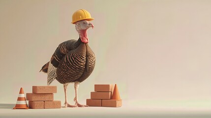 Funny concept image of a turkey wearing a construction helmet, surrounded by bricks and traffic cones. Thanksgiving meets construction industry. Ample copy space on beige background
